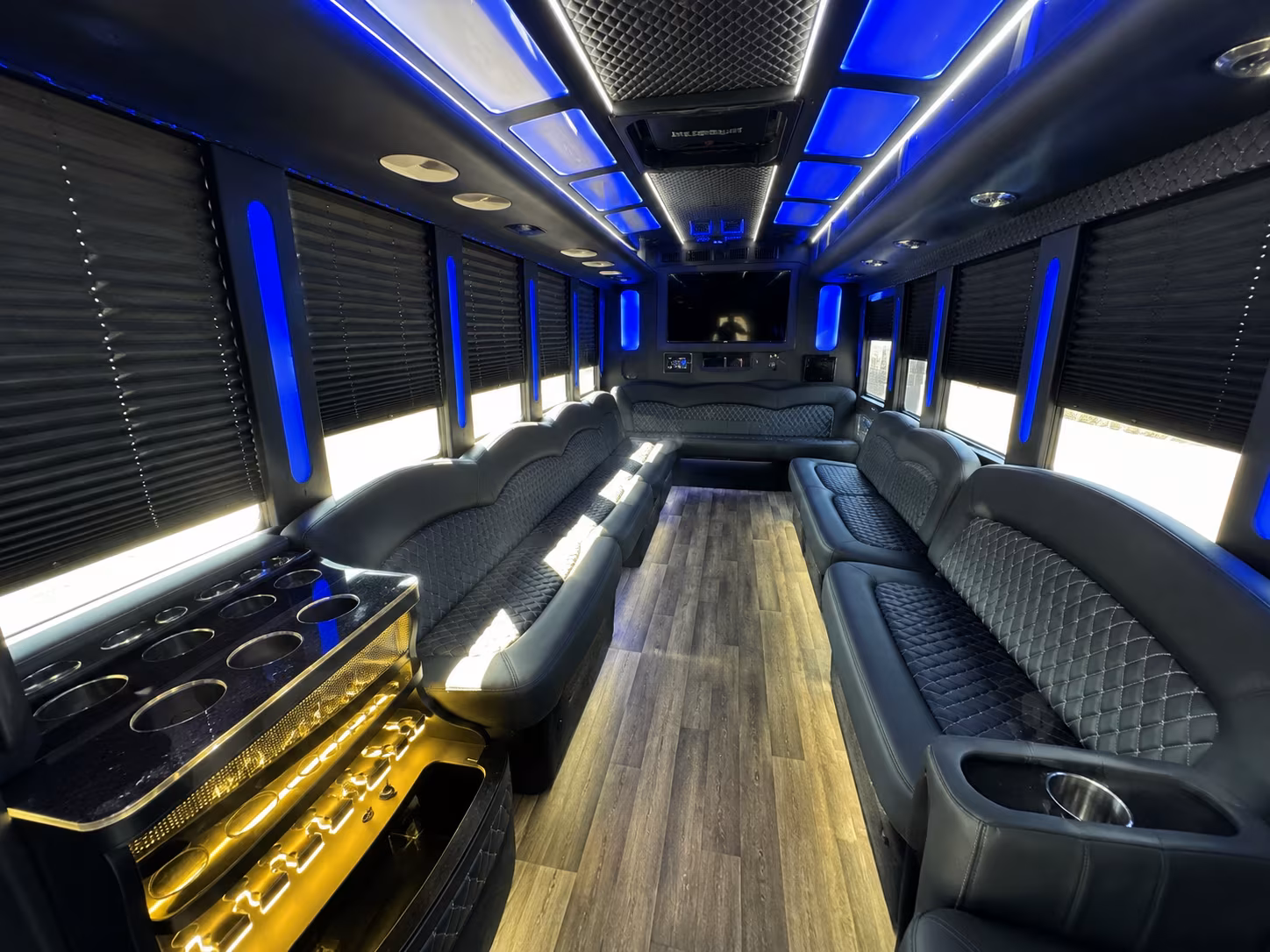 Passenger seating aboard a party bus rental serving Topeka